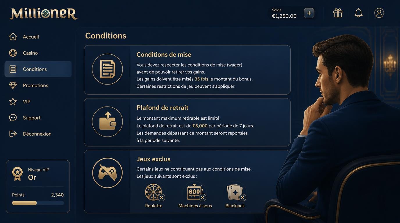 Joueur consultant attentivement les conditions du bonus sur un interface de casino.