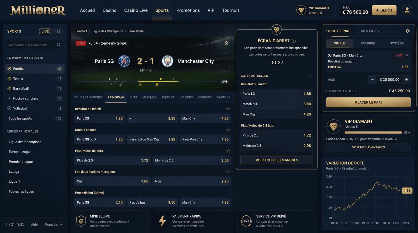 Interface d’un pari sportif live avec mise élevée sur un match de football.