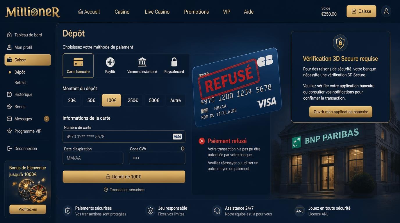 Carte bancaire française barrée avec “Paiement refusé”.