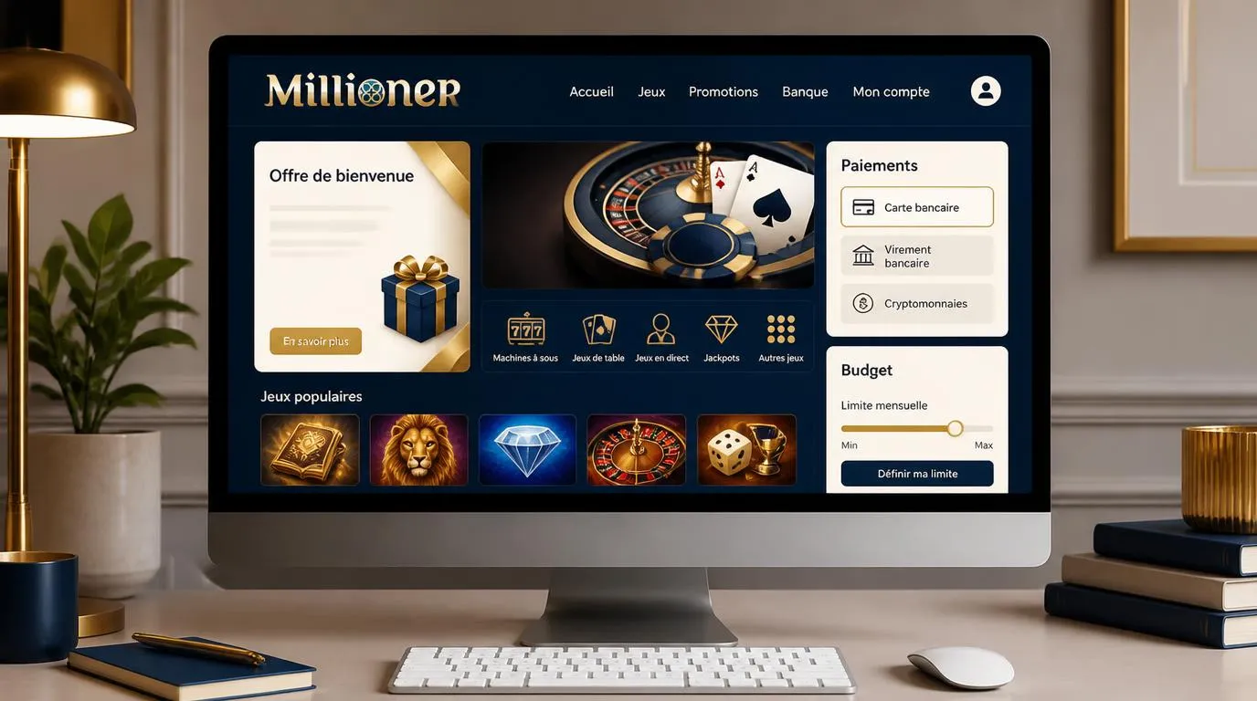 Interface illustrative de casino avec moyens de paiement, offre de bienvenue et limite de budget