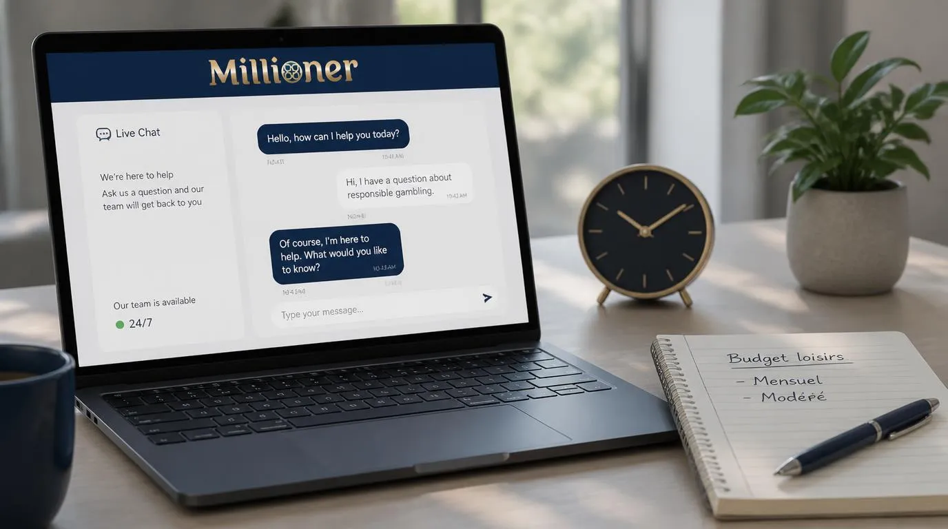 Ordinateur affichant un chat d’assistance en anglais, près d’une horloge et d’un carnet de budget de loisir