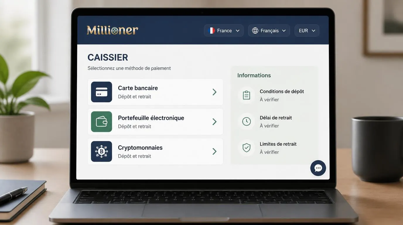 Interface de caisse en français avec paiement par carte, portefeuille électronique, cryptomonnaie et compte en euros