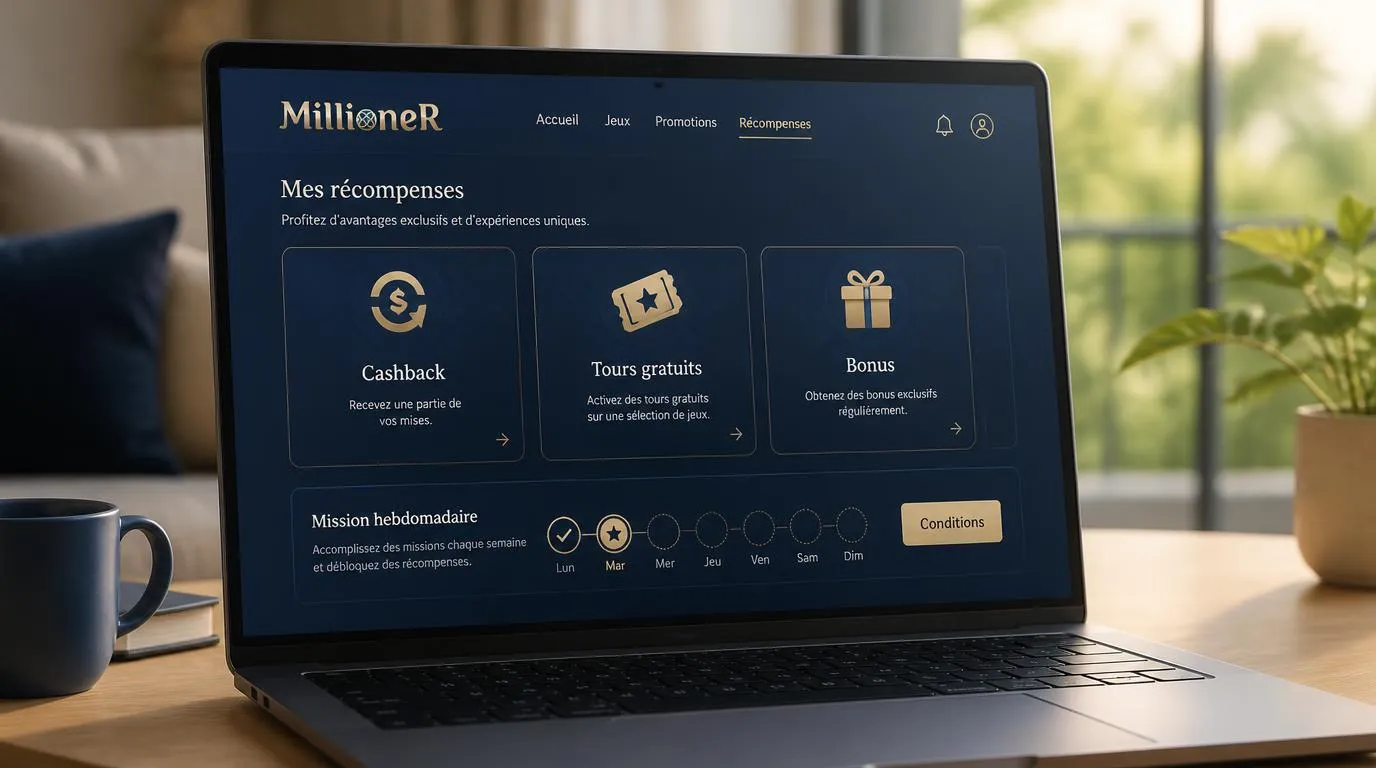 Tableau de bord des missions hebdomadaires avec cartes de cashback, tours gratuits et bonus