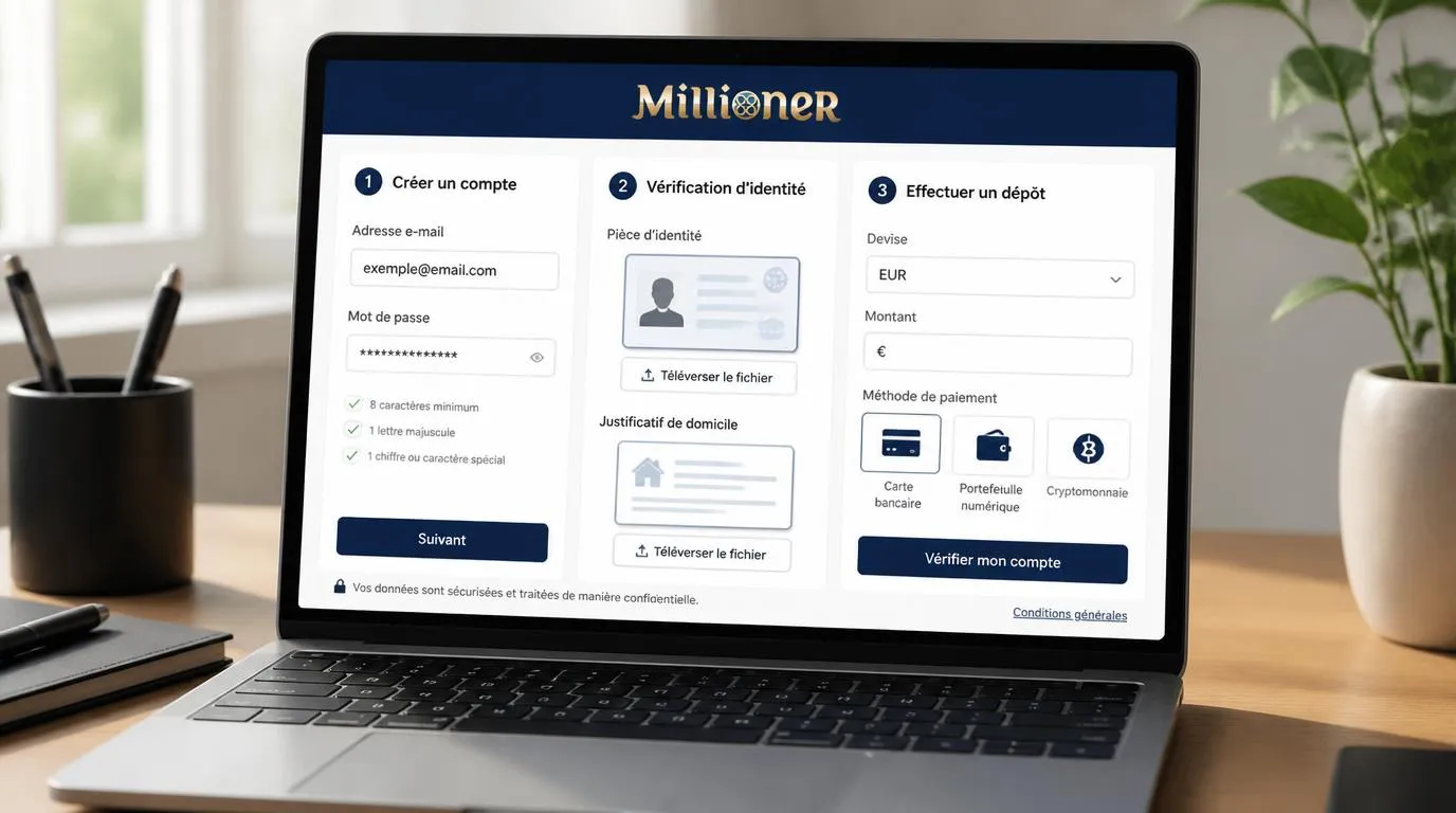 Parcours d’inscription avec formulaire, vérification d’identité et sélection du premier dépôt en euros