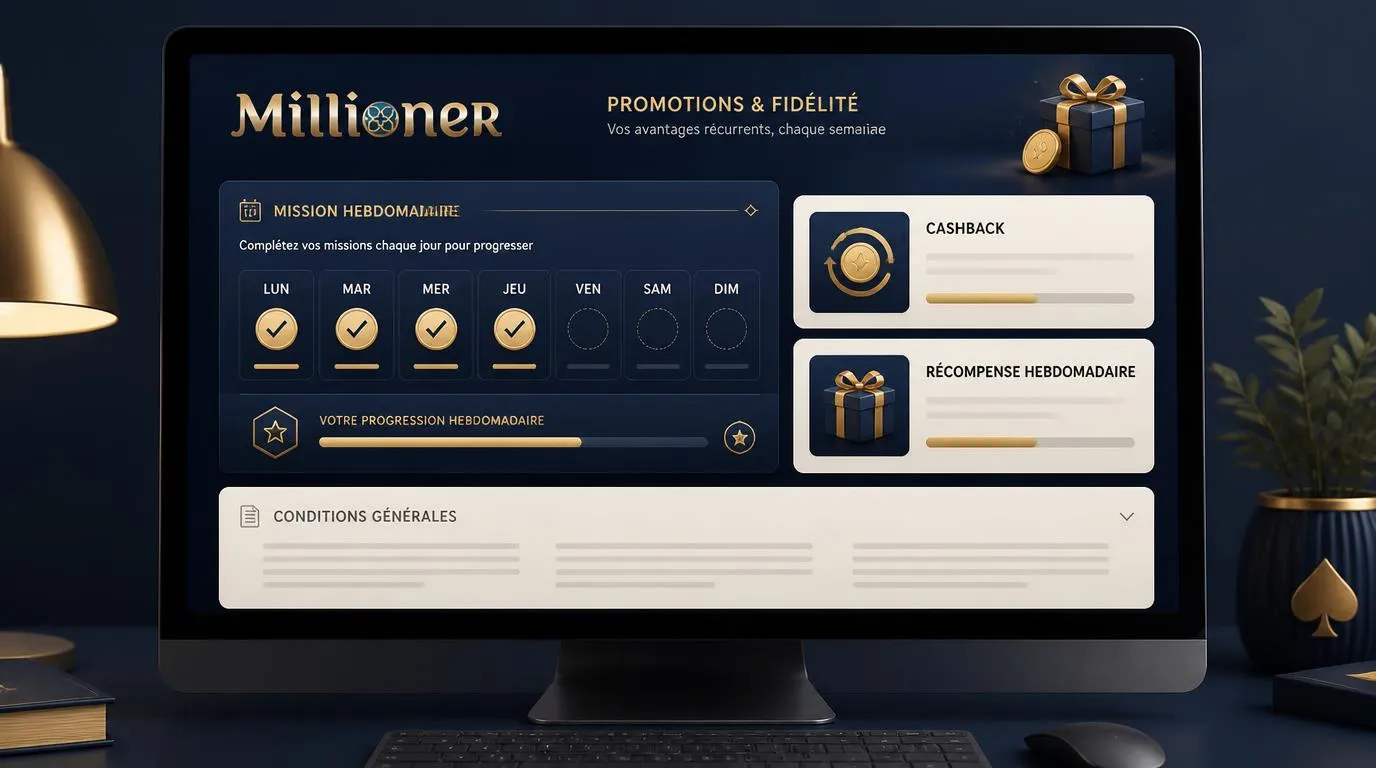 Interface de casino avec calendrier de missions hebdomadaires et cartes de cashback et de récompenses